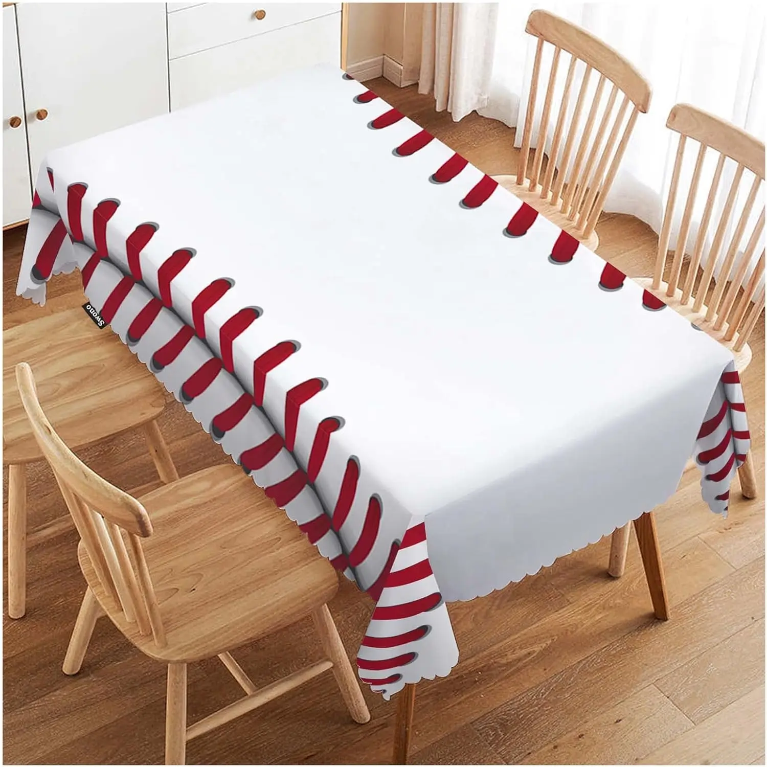 Baseball Sport Print Tablecloth Red Lace Seam Heavy Duty Table Cover for Rectangle Tables Dining Party Camping BBQ Decor