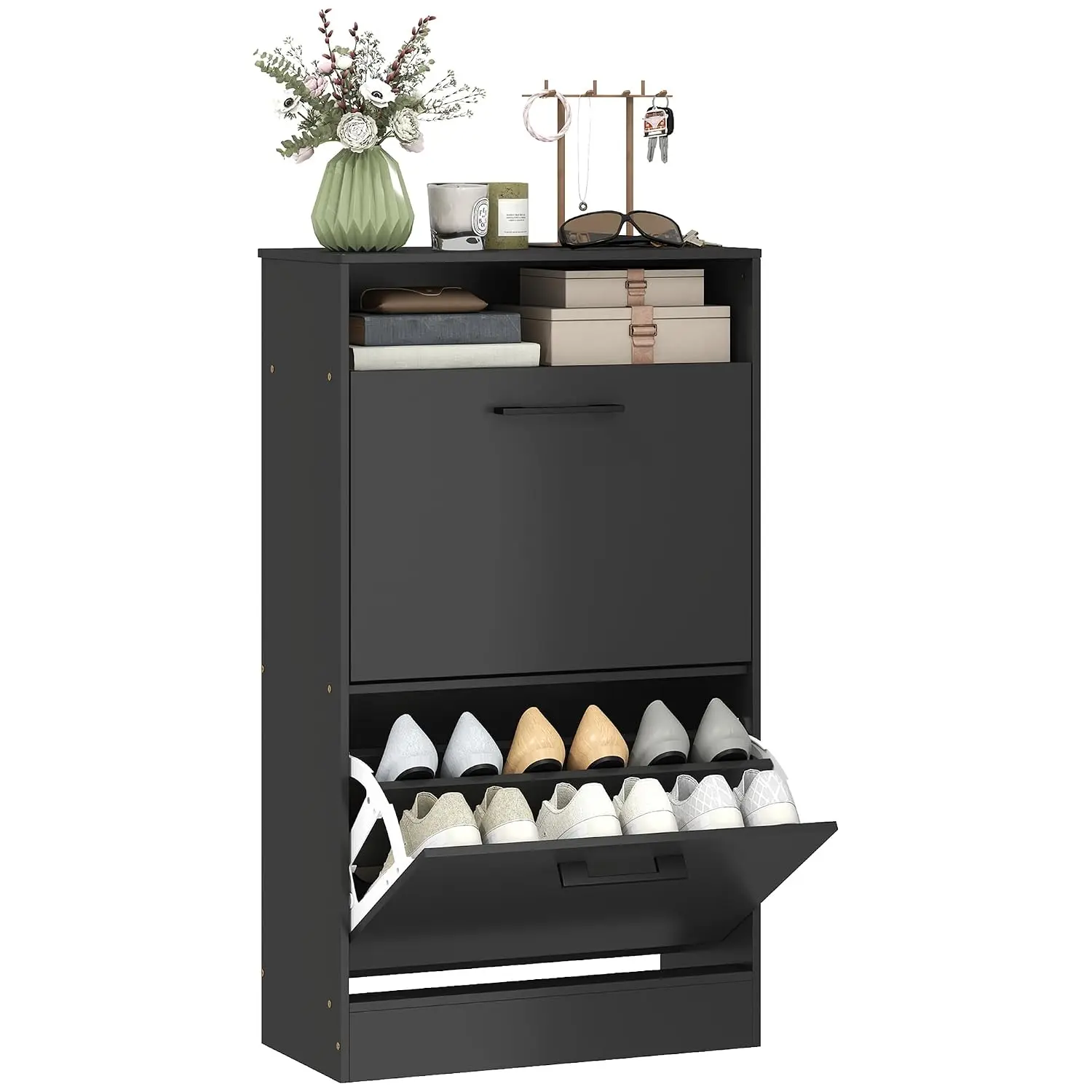 Shoe Cabinet with 2 Flip Drawers, Open Shelf, up to 12 Pairs, Black | Narrow Storage Cabinet, Adjustable Dividers,, Customized