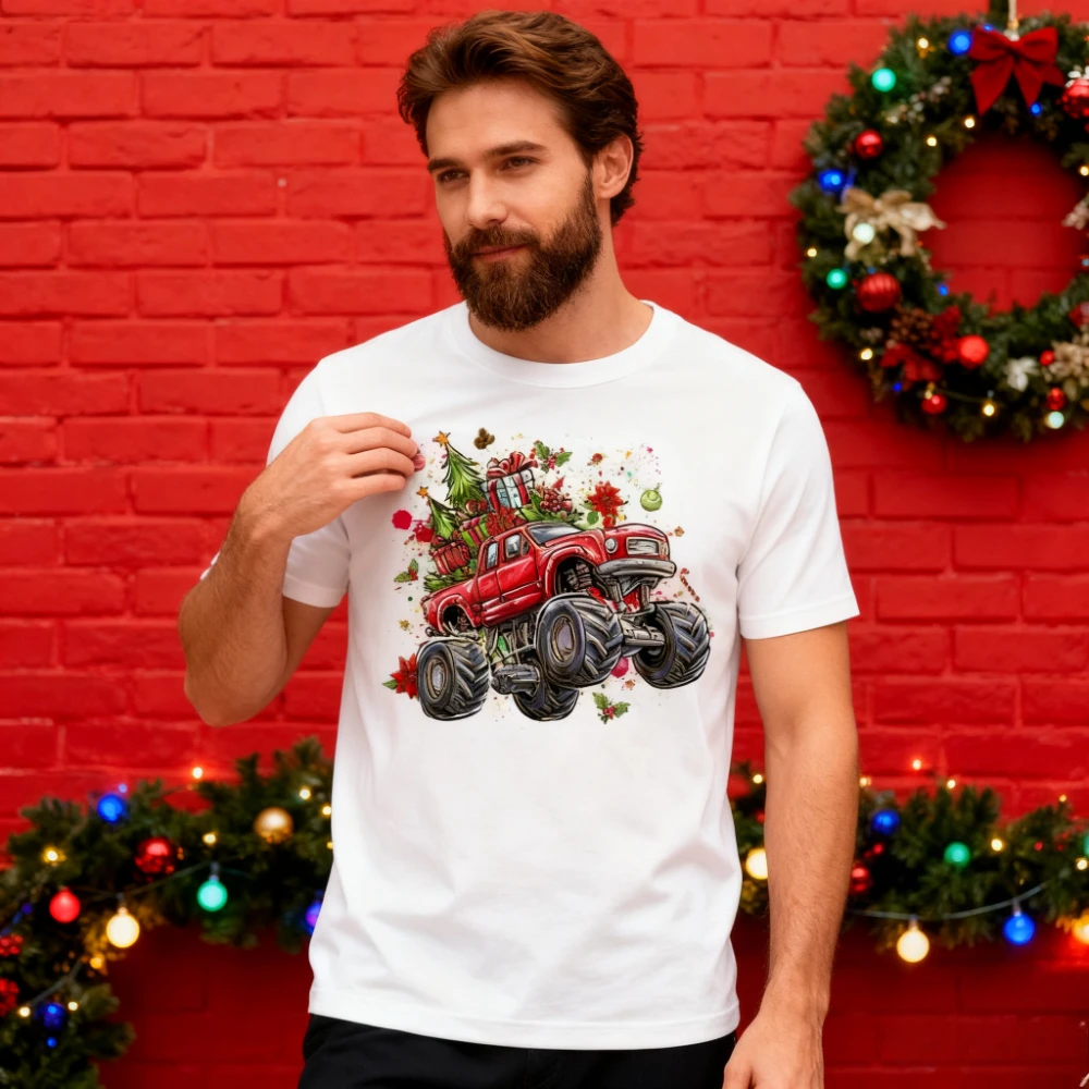 Weihnachtsbaum Autos T-Shirt Kreatives Design Weihnachten Monster Truck Bedrucktes Hemd LKW-Enthusiasten Weihnachtsgeschenk Kleidung Herren Tops
