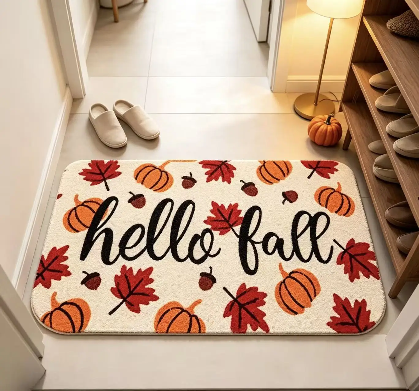 Hello Fall Maple Leaf Pumpkin Doormat, Non Slip 2D Flat Printed Floor Rug, Autumn Decorative Entrance Mat for Front Door Porch Home Harvest Party Decor