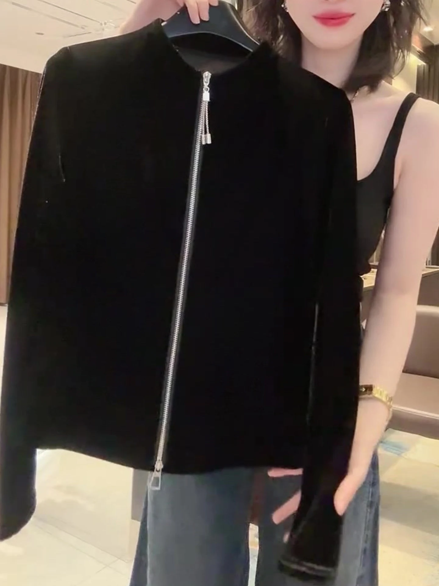 سترة علوية مخملية طويلة Sve ذات لون واحد irt بسحاب مزدوج فاخر وخفيفة الوزن مفتوحة لخريف 2025 #1