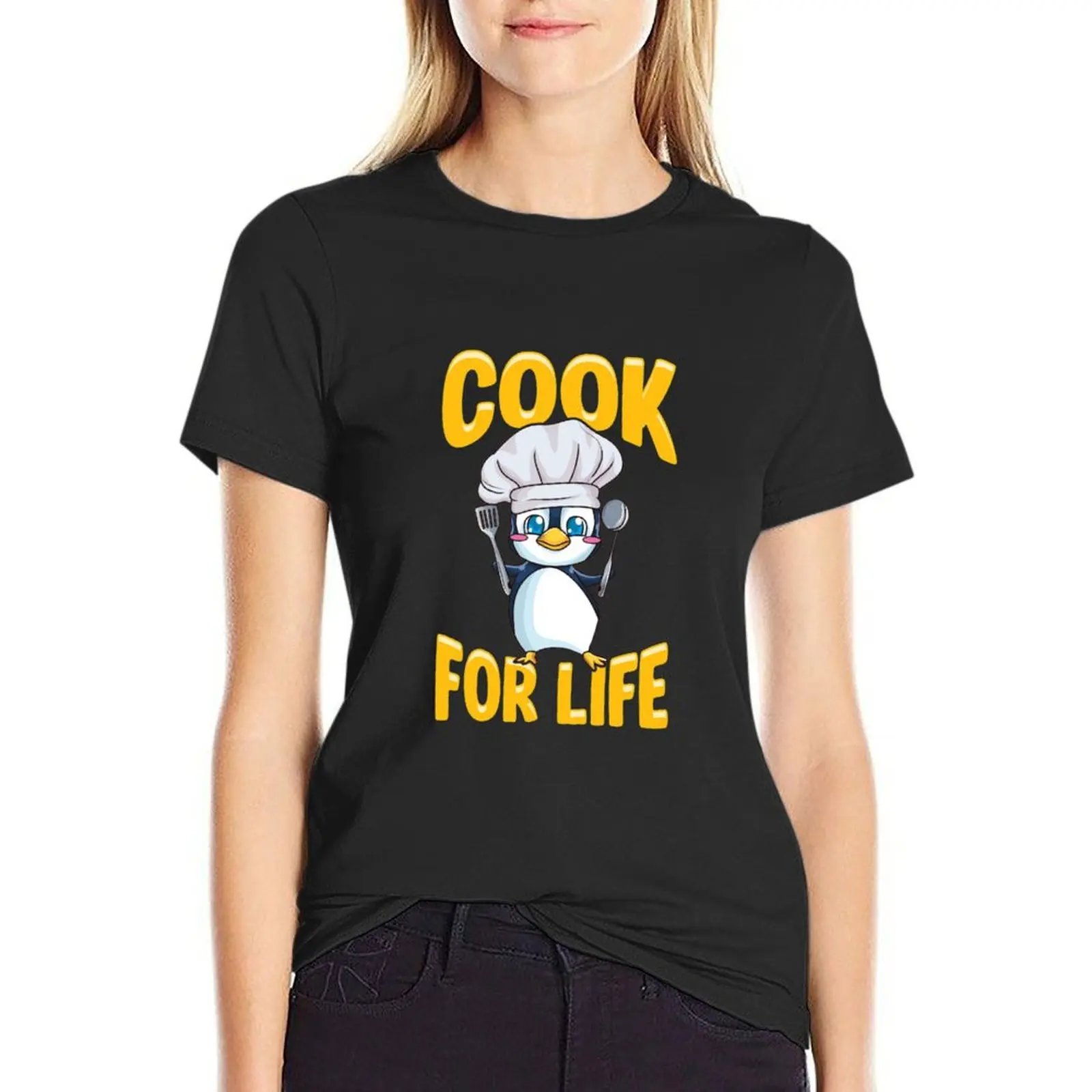 Cute Penguin Cook For Life Cooking Kitchen Animal Sticker T-Shirt customs graphics summer top t-shirt dress for Women sexy