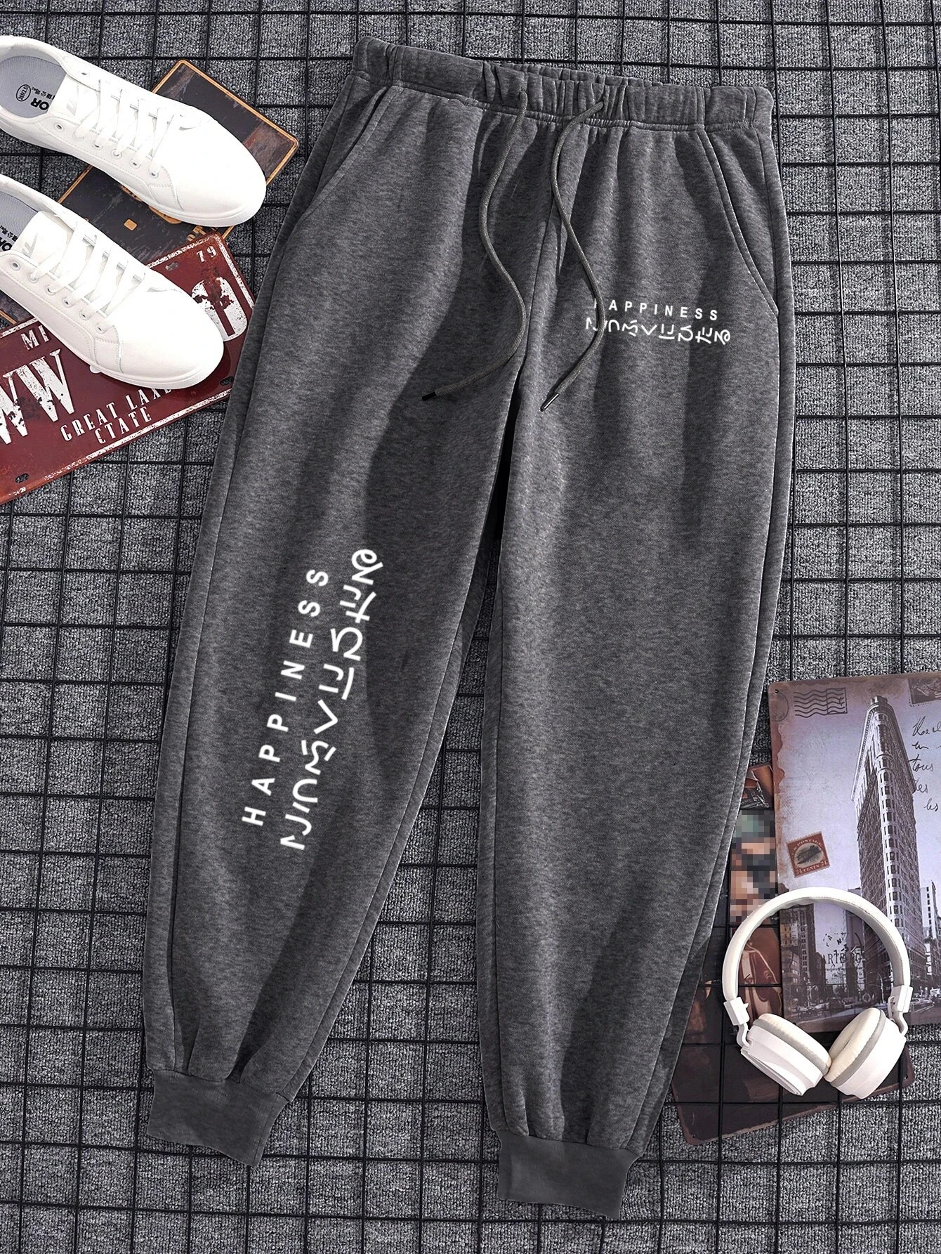 Happiness Letter Prints Male Womale Sweat Pants Pocket Y2K Trousers Leggings Jogging Sweatpant Drawstring Running Pants Couple