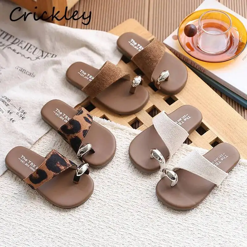 

Summer Leopard PU Girl Slippers Fashion Solid Beach Children Flip Flops 2026 Soft Anti Slip Kids Flats Shoes