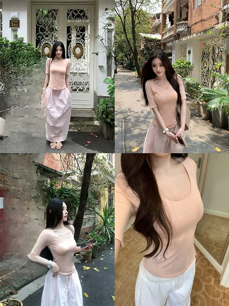 

Розовая вязаная шерстяная футболка с коротким рукавом для женщин, летняя, облегающая, сексуальная, с круглым вырезом, с наплечными подушечками, с буквенным принтом