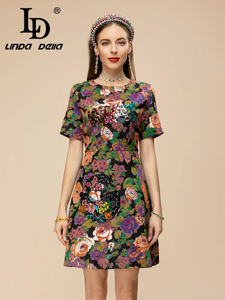 LD LINDA DELLA 2023 Summer New Style Vintage Dress Women's Round Neck Extravagant Nail Bead Print Splice Slim Fit Casual Dress