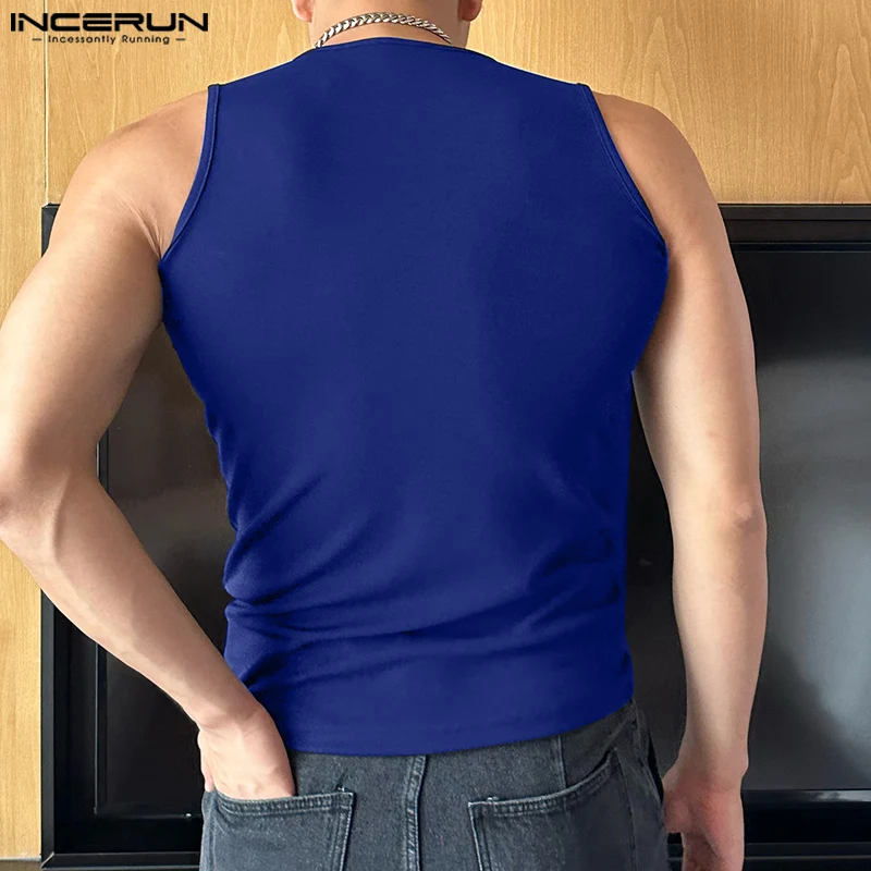 INCERUN Tops 2024 Korean Style Men Shoulder Strap Design Sexy Elastic Vests Casual Well Fitting Solid Sleeveless Waistcoat S-5XL