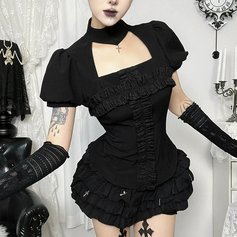 Goth Dark Pure Color Kawaii Puff Sleeve Zip T-shirts Harajuku Fashion Slim Tops Mall Gothic Hollow Out Pleated Cross T-shirt