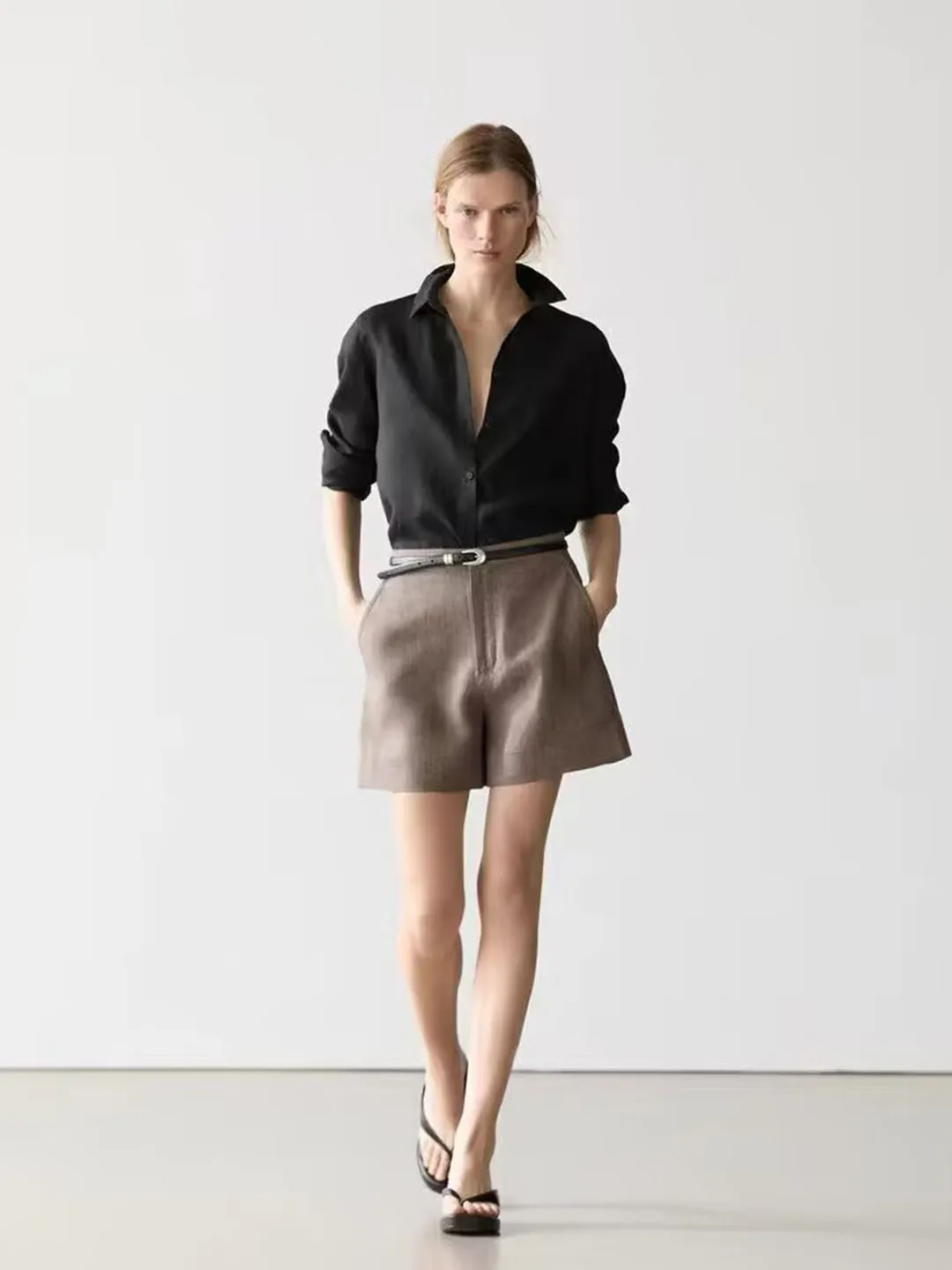 

New Summer Brown Natural Waist Elastic Casual Straight Leg Short Pants Women's Fashion Commute Style Cotton Linen Blend Shorts