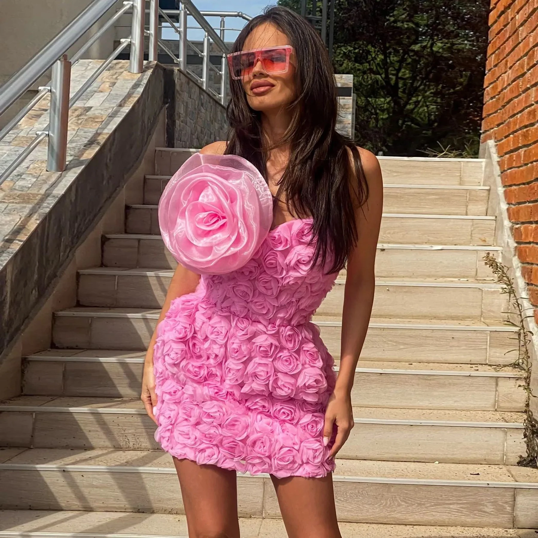 Fashion Rose Flower Lace Mini Dress with Detachable 3D Ball Flower 2025 Spring Collection Short Formal Party Dresses Prom Gown