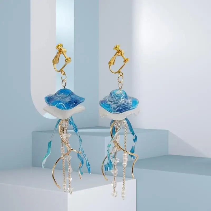 U4LF Fashionable Artistics Blue Jellyfish Earrings Craft for Trendy Women Who Love Nature Styles and Comfortable Jewelry