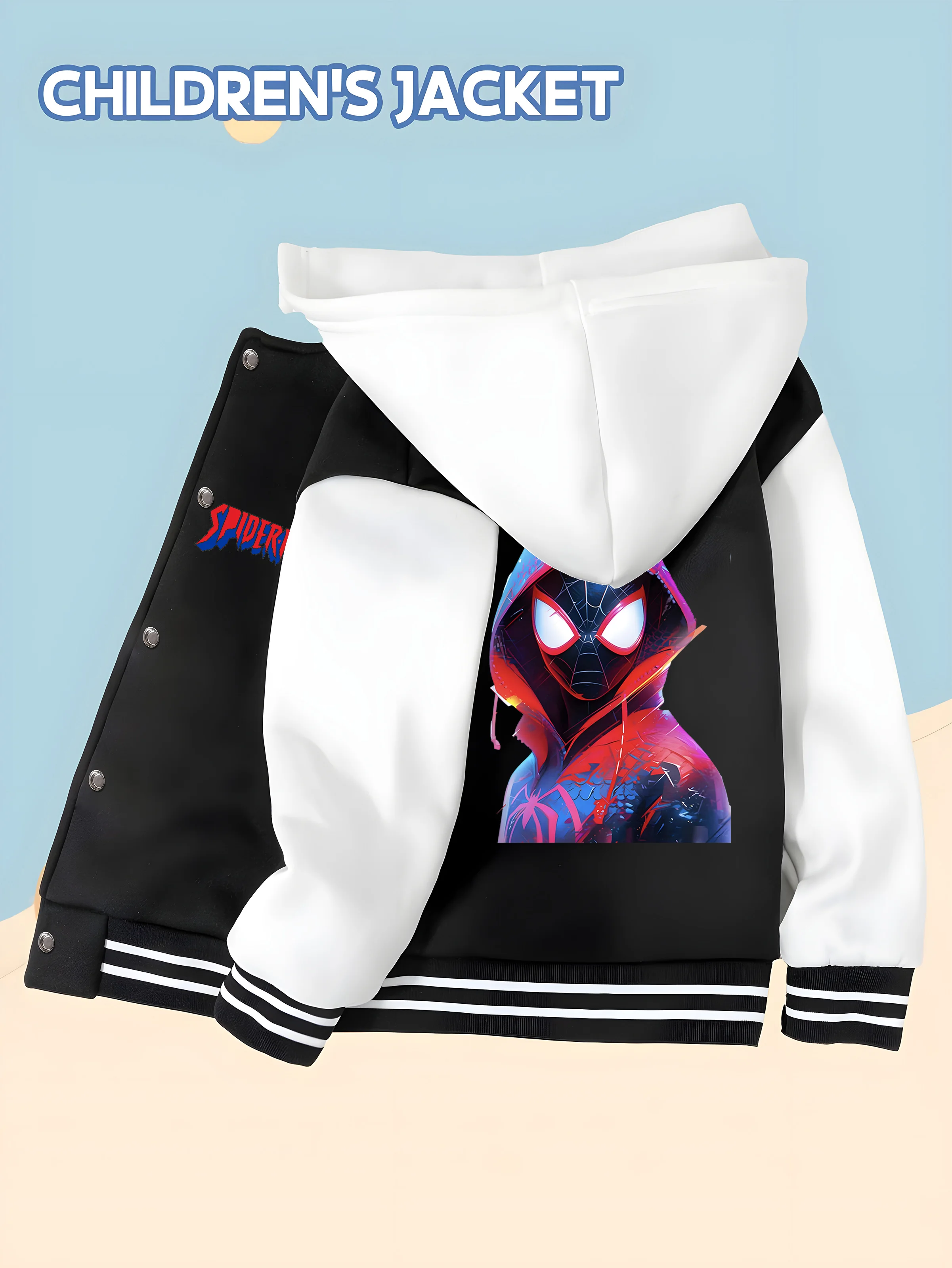 

MINISO Cool Spider-Man children's baseball jacket with hero print, hooded baseball style, comfortable and fashionable coat