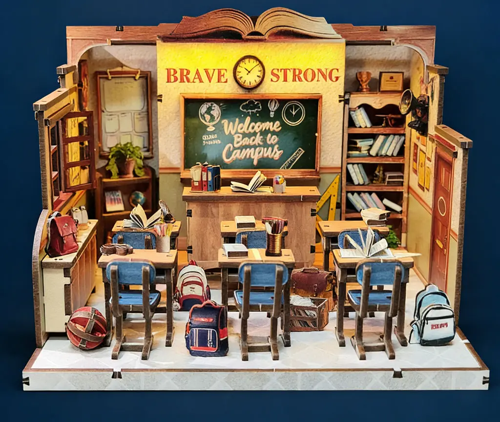 DIY Miniature Classroom Book Nook Kit, Wooden 3D Puzzle SchoolScene Model,Montessori EducationalToy Creative Back-to-School gift