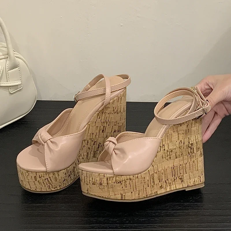 

Aneikeh Bohemian Style Summer Woven Straw Platform High-heeled Wedges Sandals Women Buckle Strap Bow Open Toe Party Shoes
