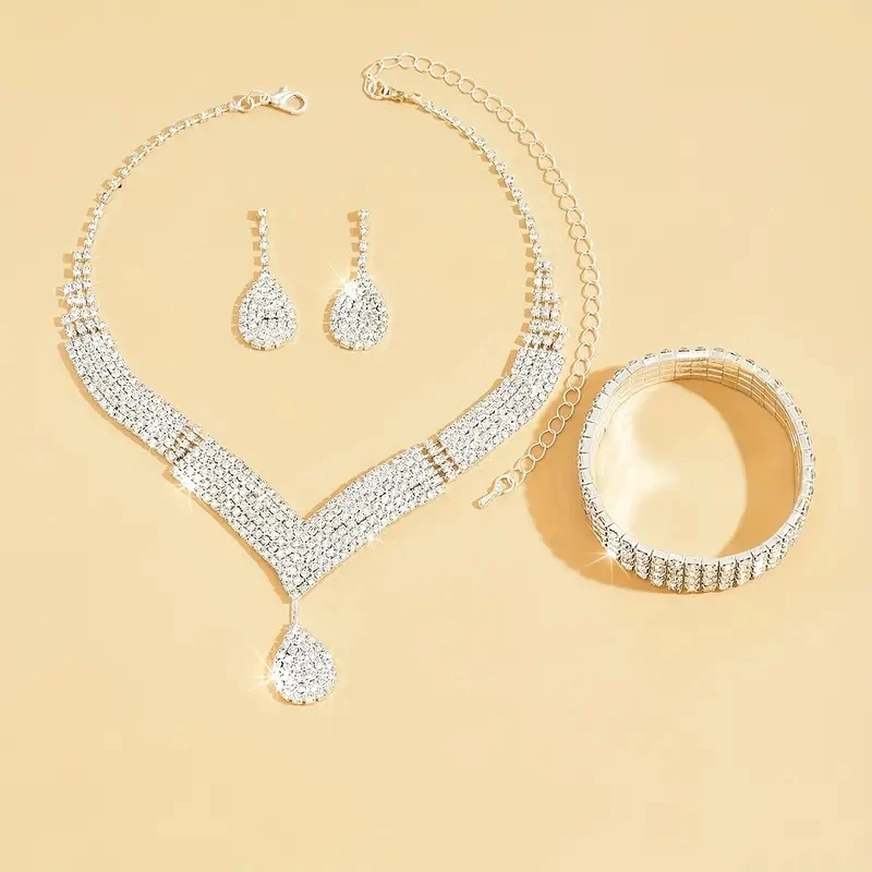 4 Pcs Luxurious Jewelry Set Rhinestone Droplet Shaped Necklace Bracelet Earring Elegant Women\'s Wedding Accessories Necklace Set