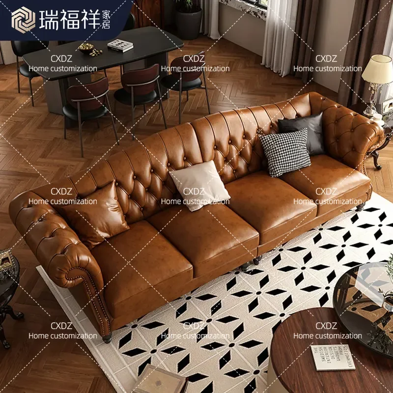 American Retro Leather Sofa with Buckle Design 3 Seater Light Luxury Solid Wood Frame for Living Room Hotel Furniture