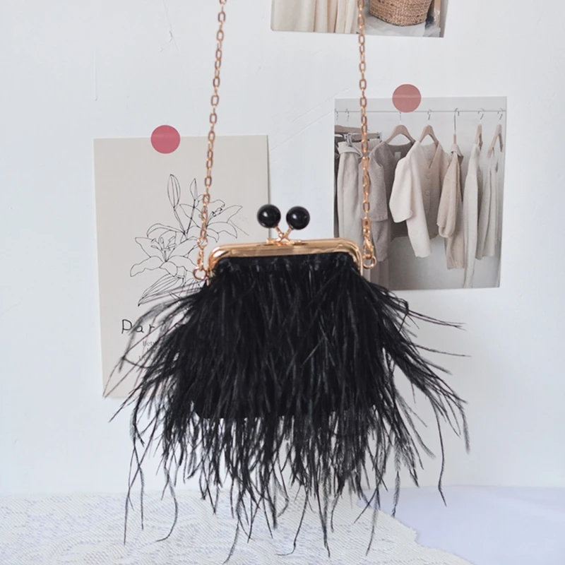 à main en peluche avec plumes mini à bandoulière avec chaîne amovible