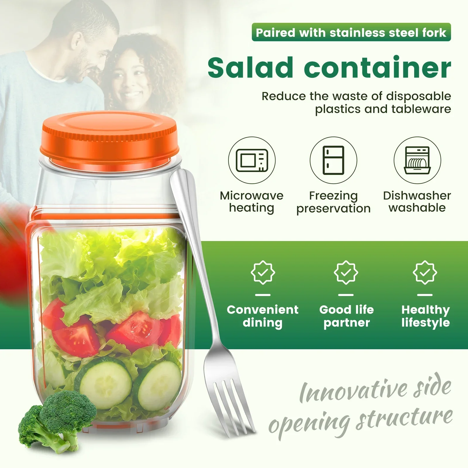 Salad Jars Plastic Salad Storage Can Container with Side-opening Cover & Stainless Steel Fork Vertical Vegetable Fruit Container