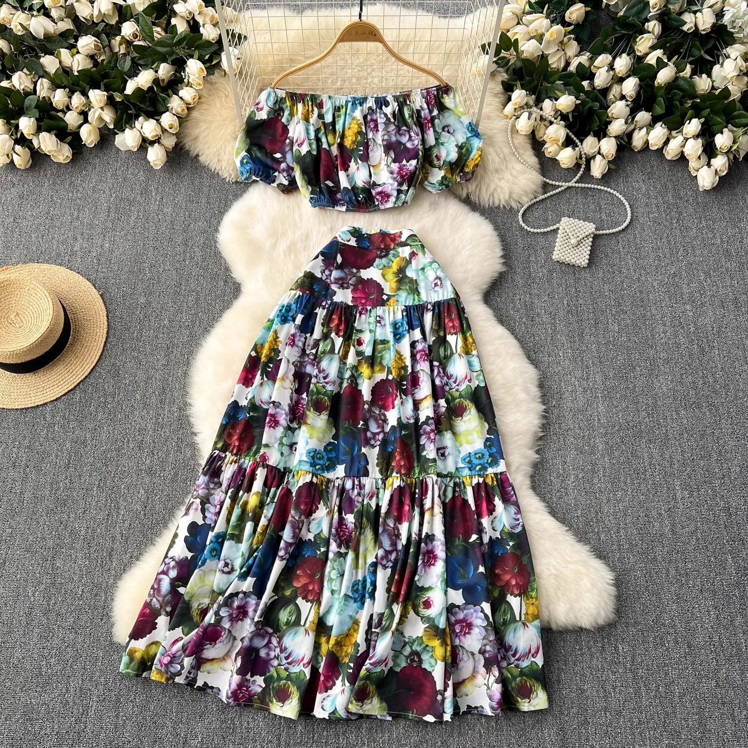 Summer Holiday Flower Two Piece Set Women\'s Sexy Off Shoulder Short Crop Tops + Floral Print Long Skirt Suit Outfits 638