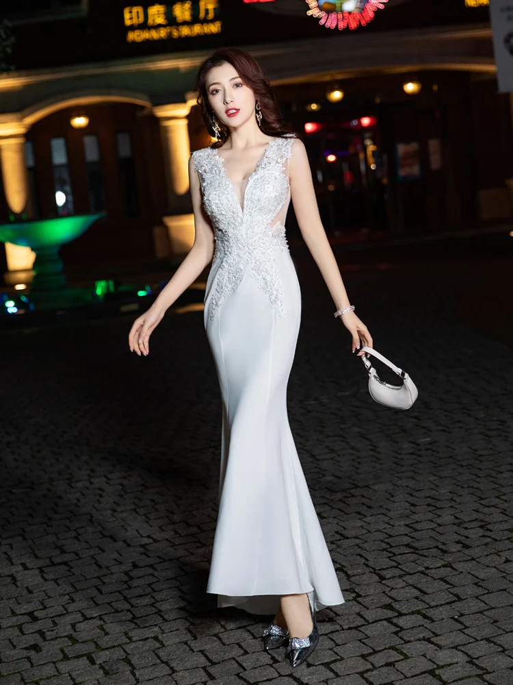 WhiteSexy High EndEvening Dress Highend Banquet Annual MeetingEleganc FishtailHost DressFormaldressvestidos Elegantes Para Mujer