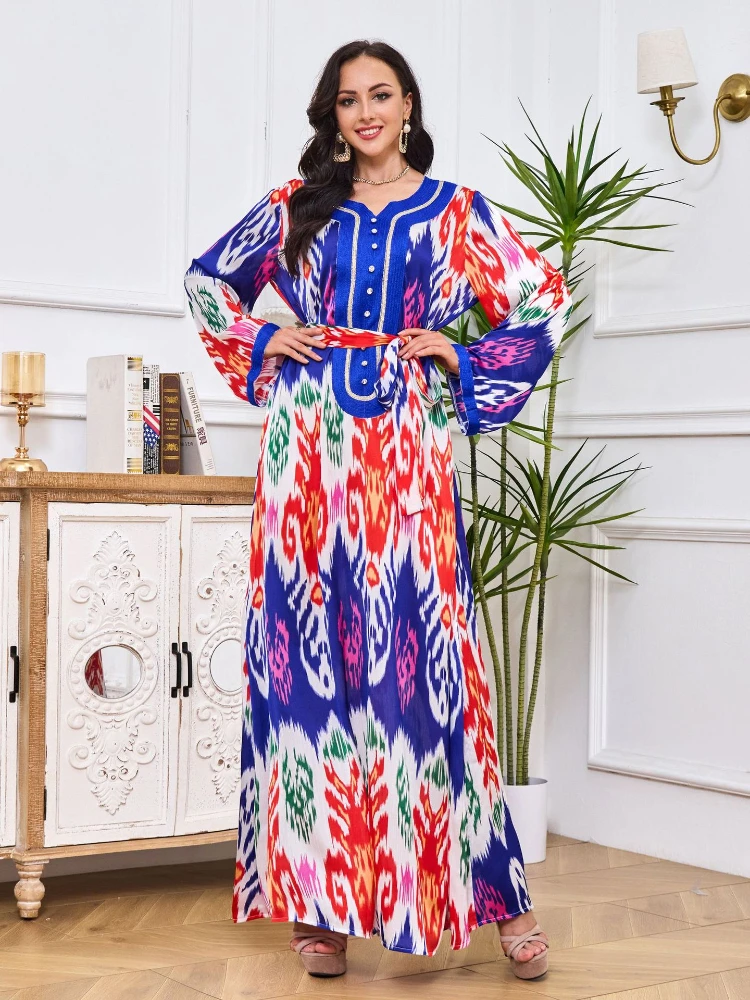 

Ramadan Jalabiya Dress Muslim Eid Women Abaya Print Belt Dresses Long Sleeve Robe Kaftan Abayas Dubai Turkey Caftan Vestidos