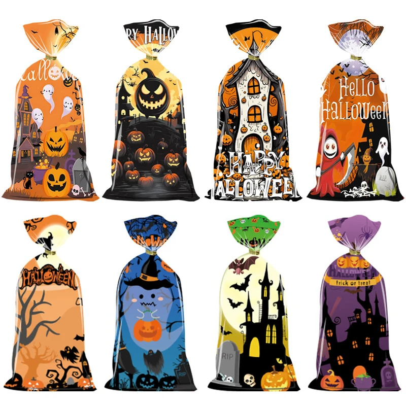 50pcs Scary Ghost Pumpkin Happy Halloween Candy Gift Bags Trick Or Treat Bags Party Decorations Favor Goodie Gift Wrapping Bags