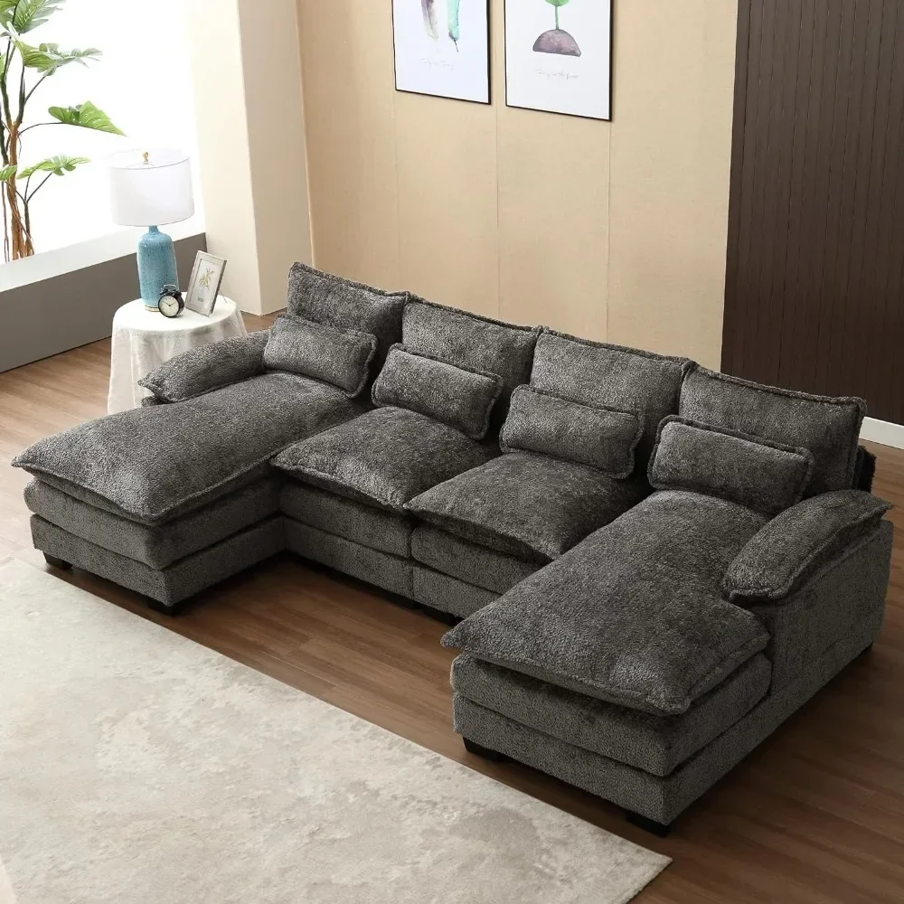 Canapé moderne en chenille en forme de U, canapé modulaire confortable avec chaise double et mousse à mémoire de forme, gris