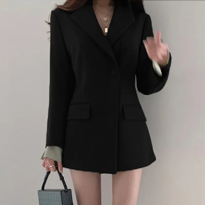 Jaket Blazer lengan panjang polos wanita, jaket Blazer kantor warna polos kancing tunggal, jaket kasual longgar musim semi musim gugur, jaket Blazer tipis lengan panjang baru