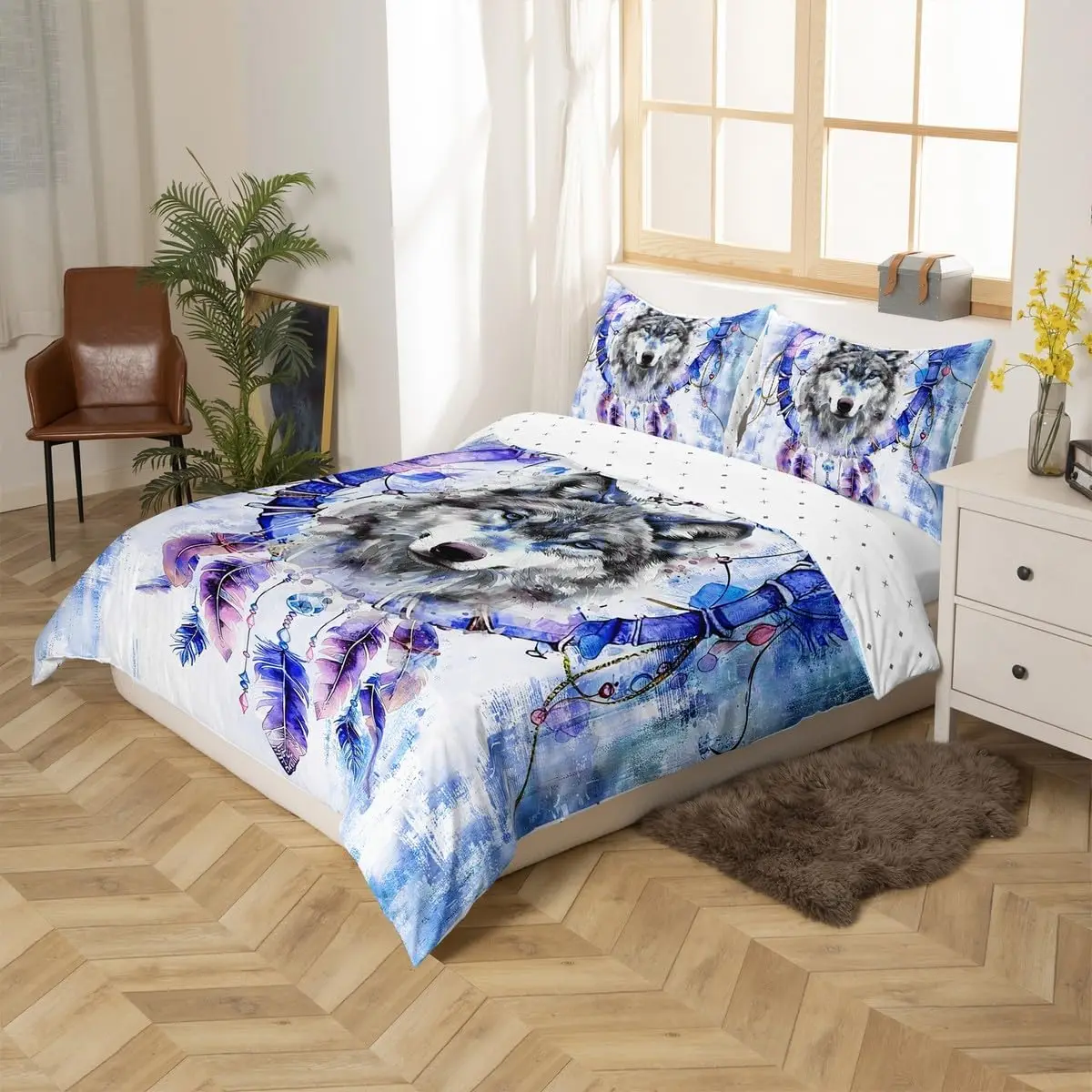 Navy Gradient Wild Wolf Bedding Set Double Size Hippie Dream Catcher Duvet Cover 3pcs Boho Feather Comforter Quilt Cover