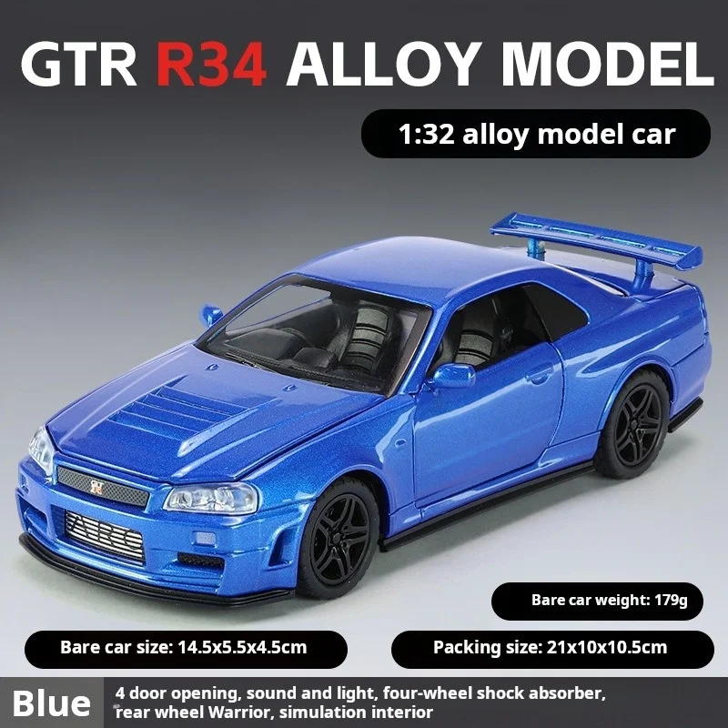 Modelo de coche de juguete Nissan GTR34 Skyline GTR, miniatura de carreras fundida a presión, sonido y luz, Colección extraíble, regalo para niños, 1/32