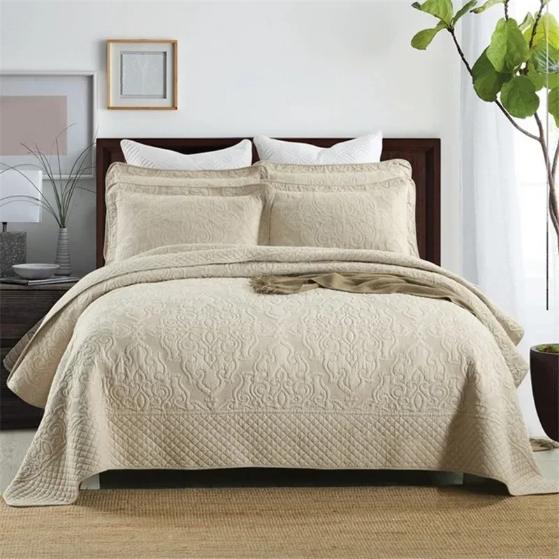 3 Pieces Cotton Quilt Set Padded Bed Cover Embroidered Bedspread on The Bed Linen Coverlet Quilted Blanket for Bedroom Comforter