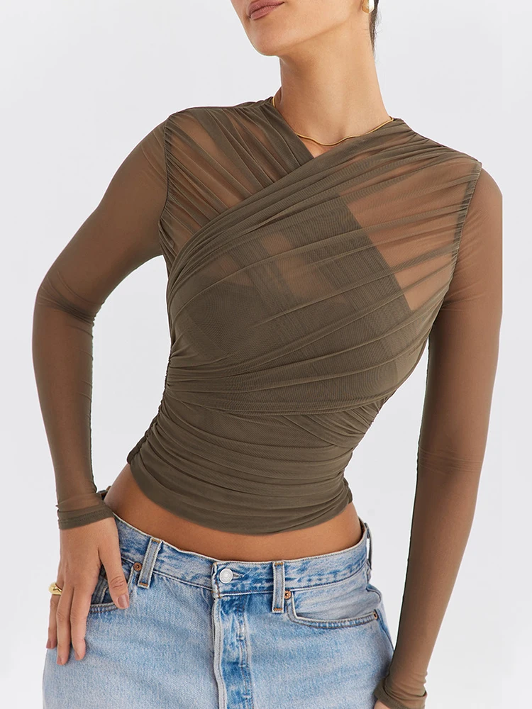 Mozision Sheer Mesh Long Sleeve  T-shirt Women 2023 Autumn New V Neck Zipper Layered Skinny Club Party  Tops