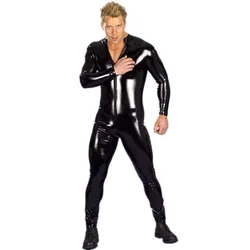 Mono de piel sintética de látex para hombre, mono exótico de PVC con aspecto húmedo, color negro, superficie de espejo, elástico, frontal, cremallera abierta, nuevo, personalizado