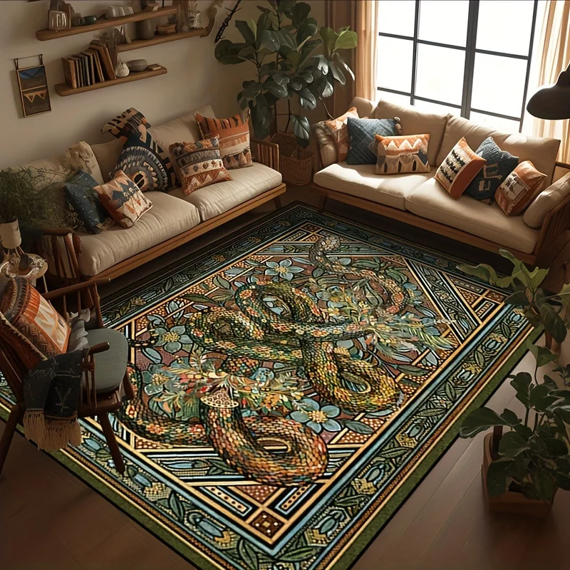 Flannel Area Rug Vintage Mystical Snake Floral Pattern Non Slip Decor Floor Carpet for Living Room Bedroom Bohemian Home Decor