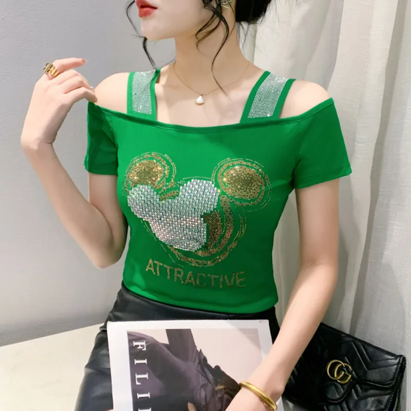 

New Streetwear Girl Summer Chic Luxury Clothes T-Shirt Sexy Hollow Out Diamonds Cotton Women Tops Short Sleeve Off Shoulder Tees