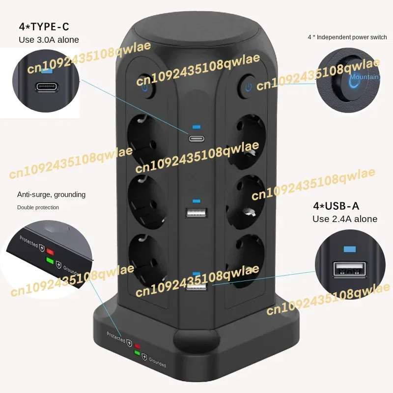 

Многофункциональная вилка питания, трехслойная башенная розетка европейского стандарта с 2 удлинительными кабелями TYPE-C, 2 м, башенная USB-розетка для домашнего офиса, дополнительное управление