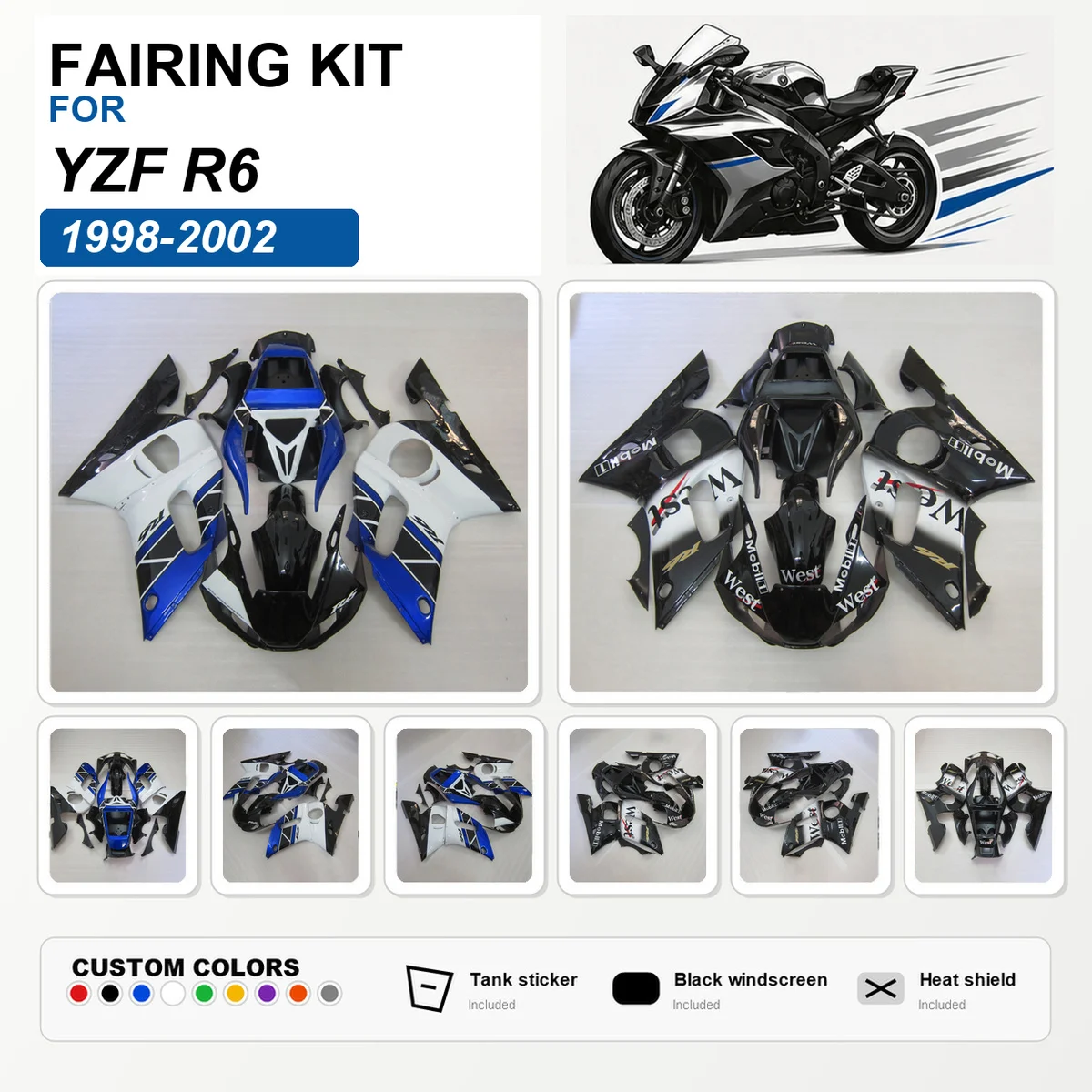 Kit de carénage peint pour YZF R6 1998-2002, carénages de moto en ABS moulés par injection, panneaux de carrosserie blancs et bleus