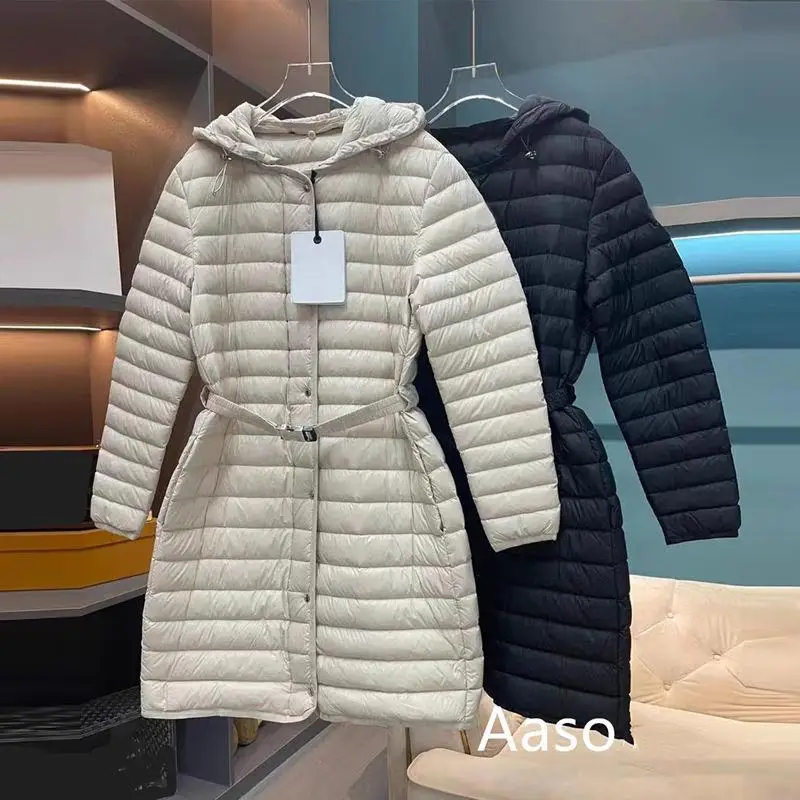 Lightweight White Duck down Puffer Jacket Women's Loose Fit Hooded Belted Mid-Length Stylish Commute Style Poly Fiber