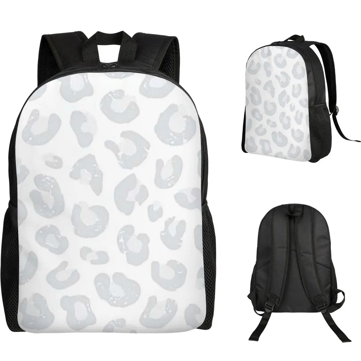 Leopard Print - Silver Gray And White Student Backpack School Bag Hiking Travel Daypack Men Women Fashion Bookbag Shoulder Bags