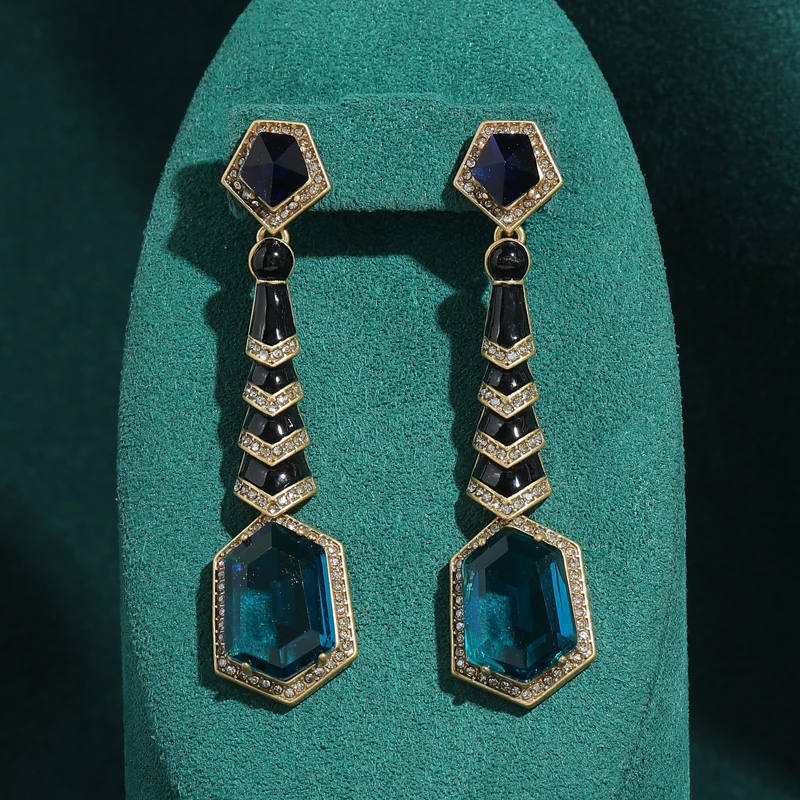 

Vintage Long Blue Crystal Drop Earring Gold Color Black Enamel High Quality Luxury Designer Jewelry Gifts Wedding New 2025