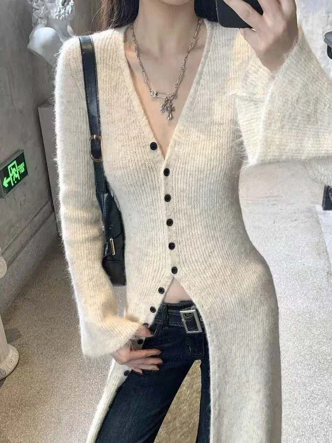 

Женский длинный свитер Lazy Sle Dr V-Ne, вязаный открытый кардиган, мягкий, нежный, на одной пуговице, длинная корейская система Dr