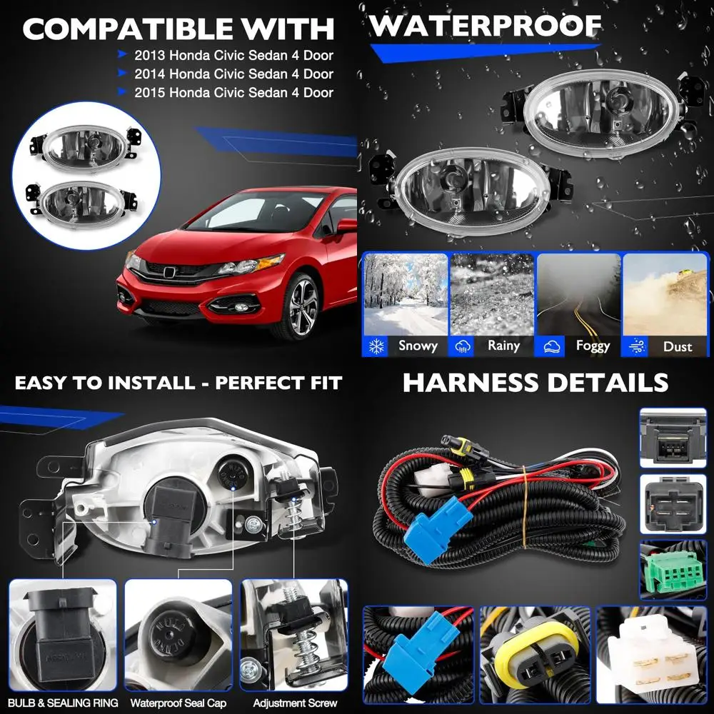

2013-2015 Honda Civic Sedan Front LED Fog Lights Kit with Switch & Wiring, Clear Lens, Replaces 33951TR0A51, 33901TR0A51