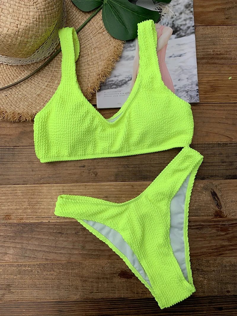 Solid Ribbed Wide Straps Tank Bikini Set Women Push Up Swimwear Sexy Neon Green Pink Black White Bathing Suit 2023 New Swimsuit