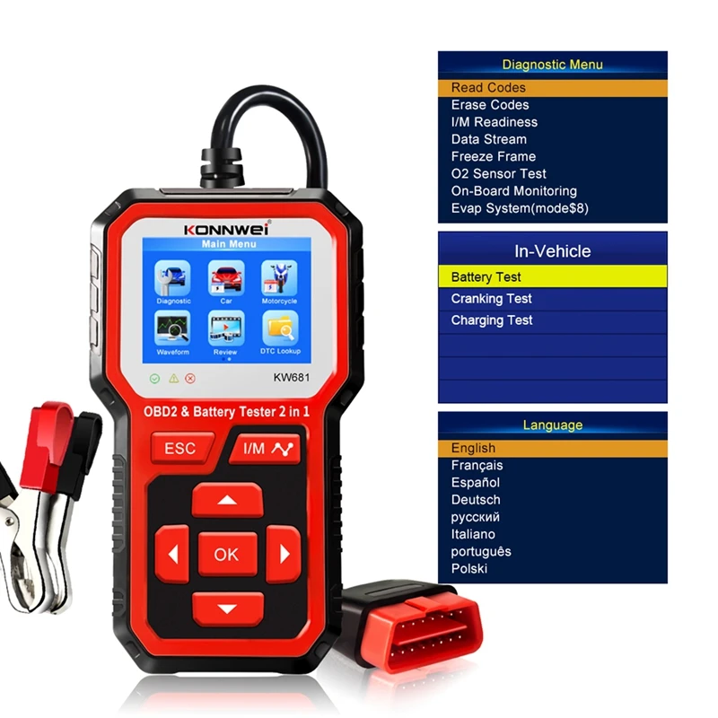 KONNWEI KW681 Car Battery Tester OBD2 Scanner Tools 2 In 1 6-12V OBD2 Car Fault Diagnosis Tool Support 9 Languages