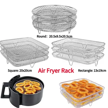 Image 3-layers Air Fryers Rack Stackable Grid Grilling Rack Stainless Steel Anti-corrosion Home Kitchen Oven Steamer Cooker Gadgets