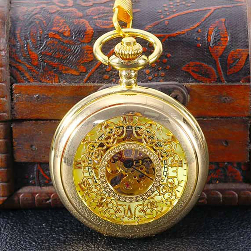 ساعة ميكانيكية رومانية عتيقة مع قلادة ، منحوتة ومجوفة ، سلسلة ميكانيكية ذهبية ، هدية لعيد الميلاد