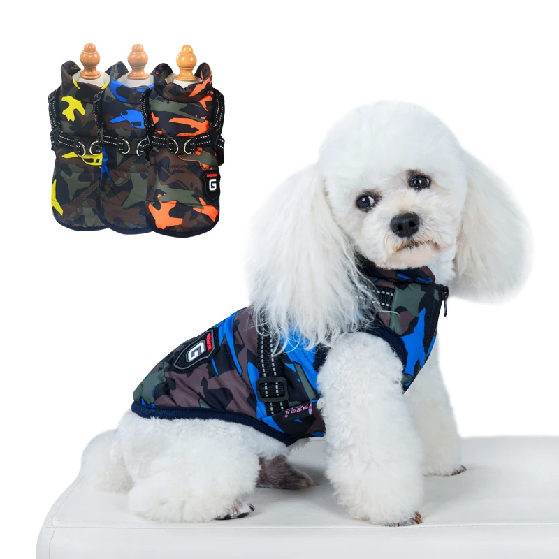 

Winter Dog Coat with Reflective Harness Camouflage Dog Jacket Waterproof Dog Coat Zipper For Small Medium Large Dogs (Blue,L)