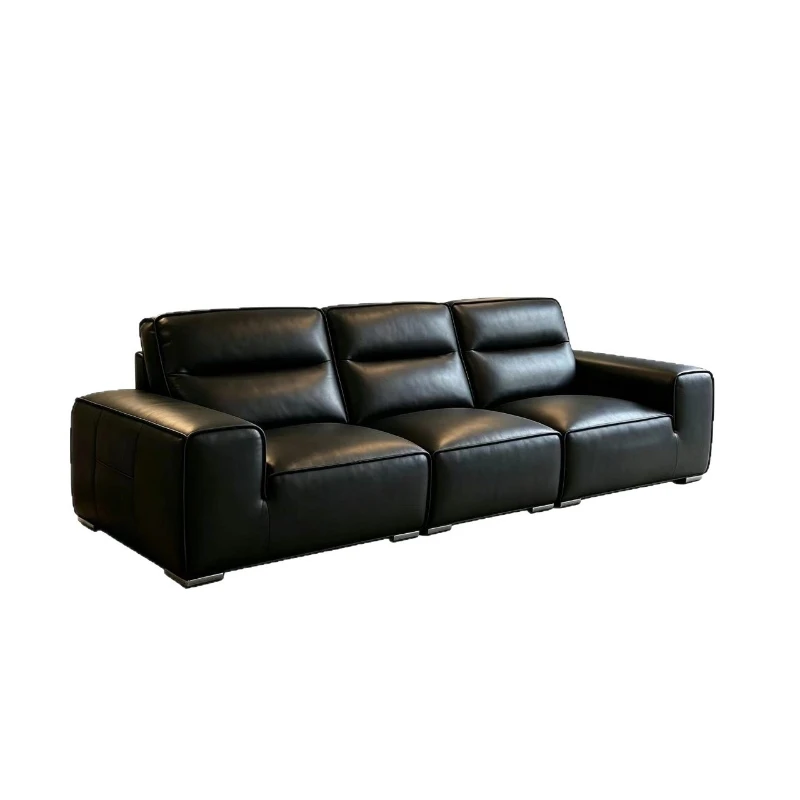 Modern full-leather living room high-back, medium-thickness, straight row, black first-grain cowhide sofa