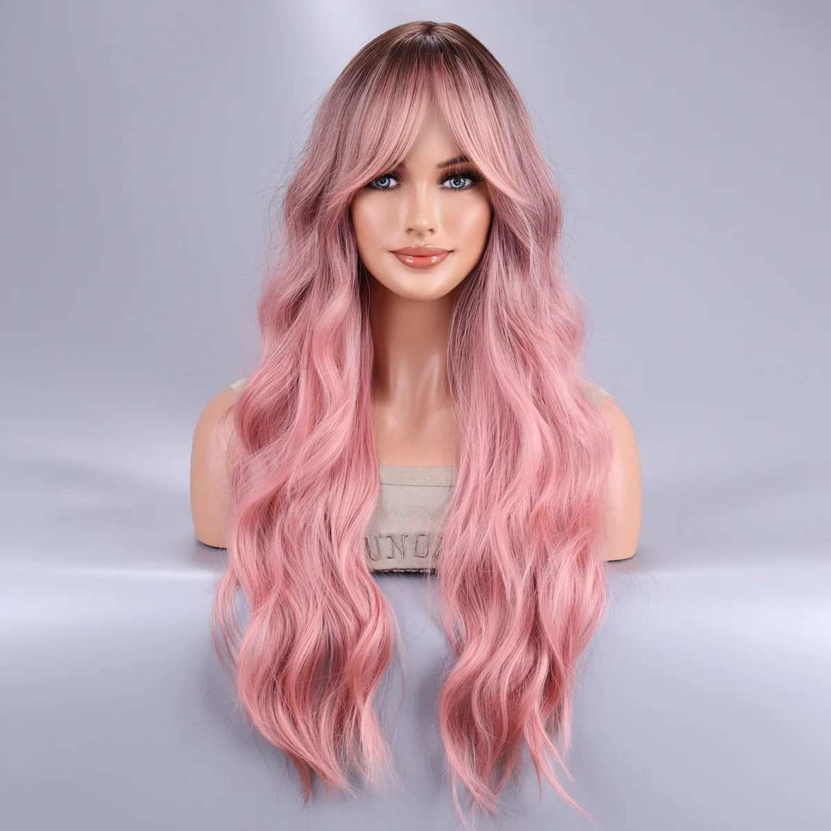 

Halloween gradual change pink medium length curly hair chemical fiber mechanism headgear wigs