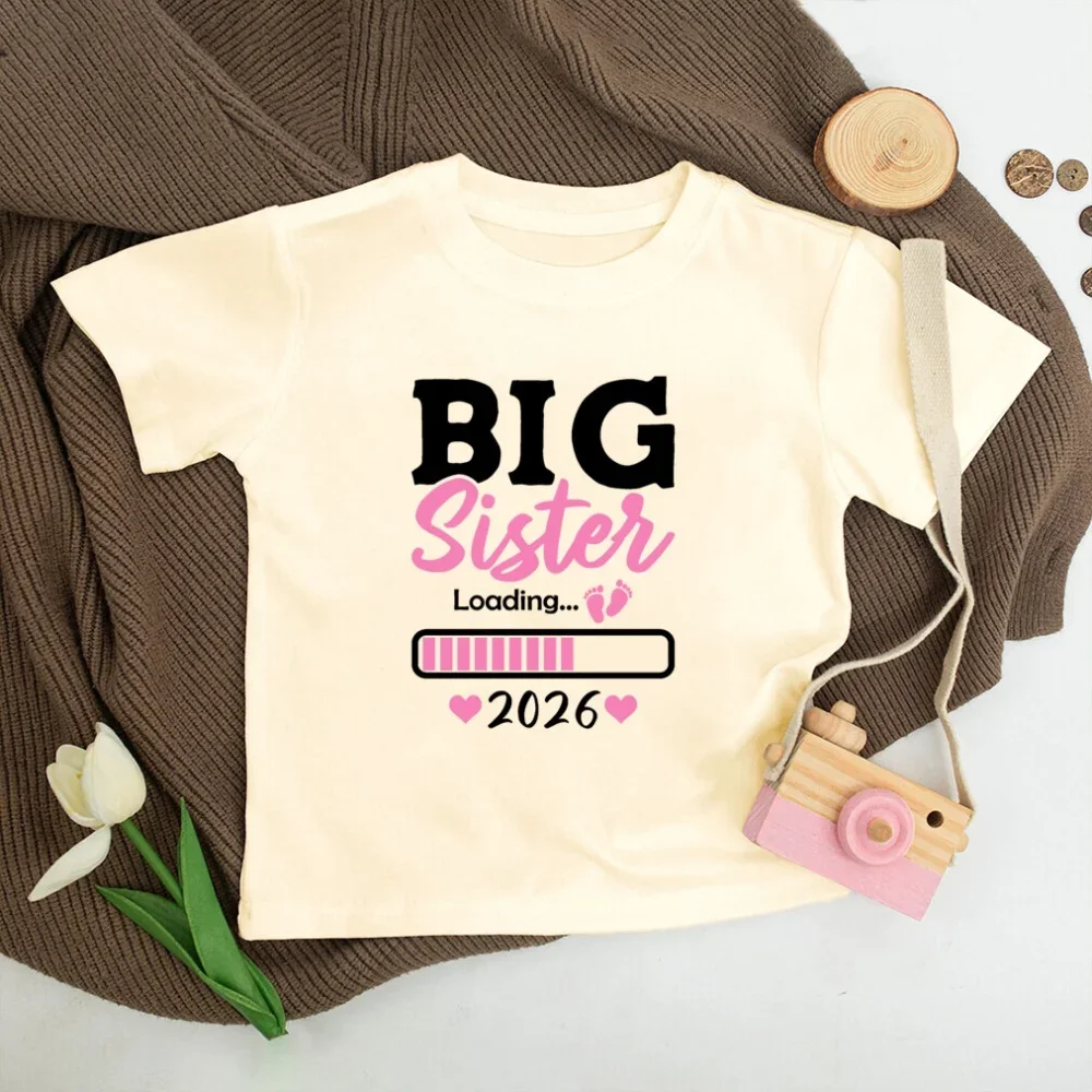 Girls Big Sister Loading 2026 Progress Bar Footprint Heart Print Short Sleeve T Shirt  Casual Fashion O-neck Kids Tops